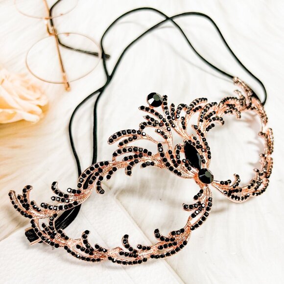 Black Crystal Masquerade Mask, Rose Gold Party Mask, Prom Mask, Renaissance Mask - Picture 4 of 7